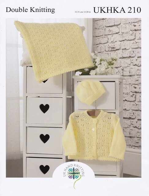 UKHKA 210 Knitting Pattern  - Babies Cardigan, Blanket & Hat in DK, Size 12-20""