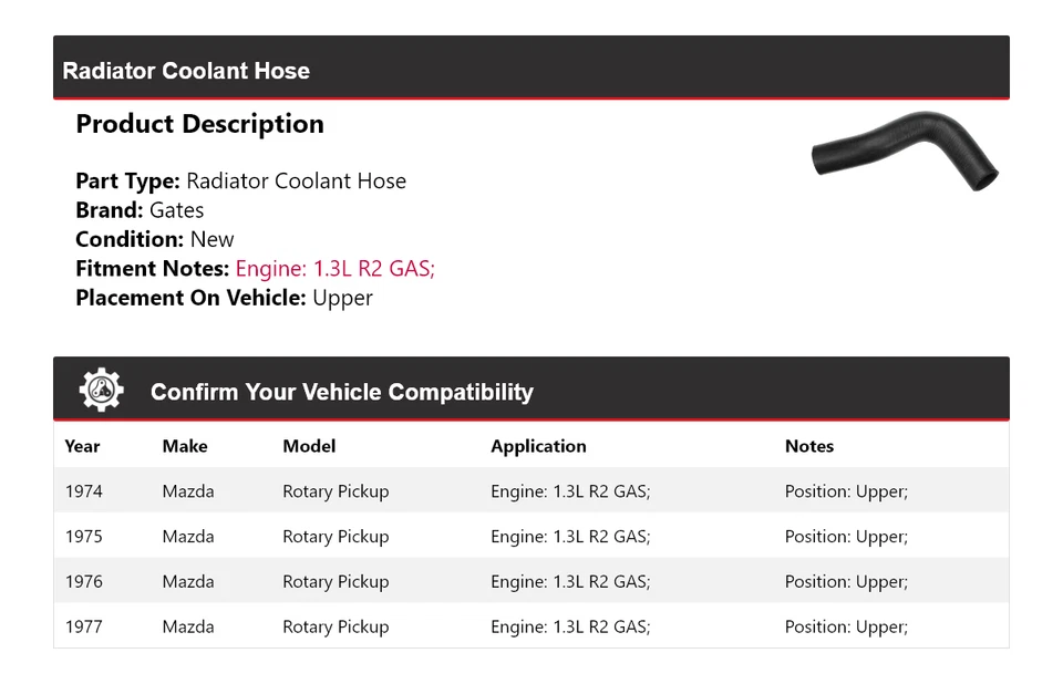 For 1974-1977 Mazda Rotary Pickup 1.3L R2 GAS Radiator Coolant Hose Upper Gates - Image 2 of 4
