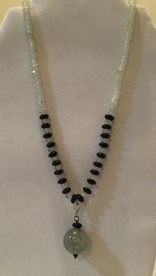 Vintage Sterling Silver Onyx & Green Garnet Unusual Necklace 18'' plus 2'' Center