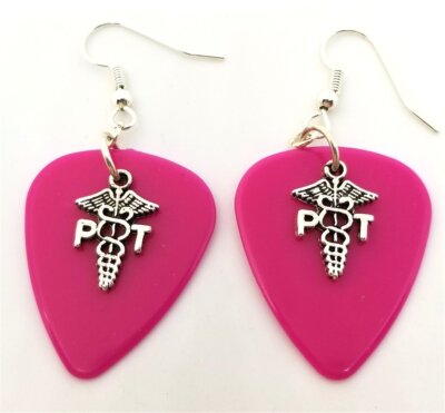 PT Physical Therapist Caduceus Charm Guitar Pick Earrings Pick