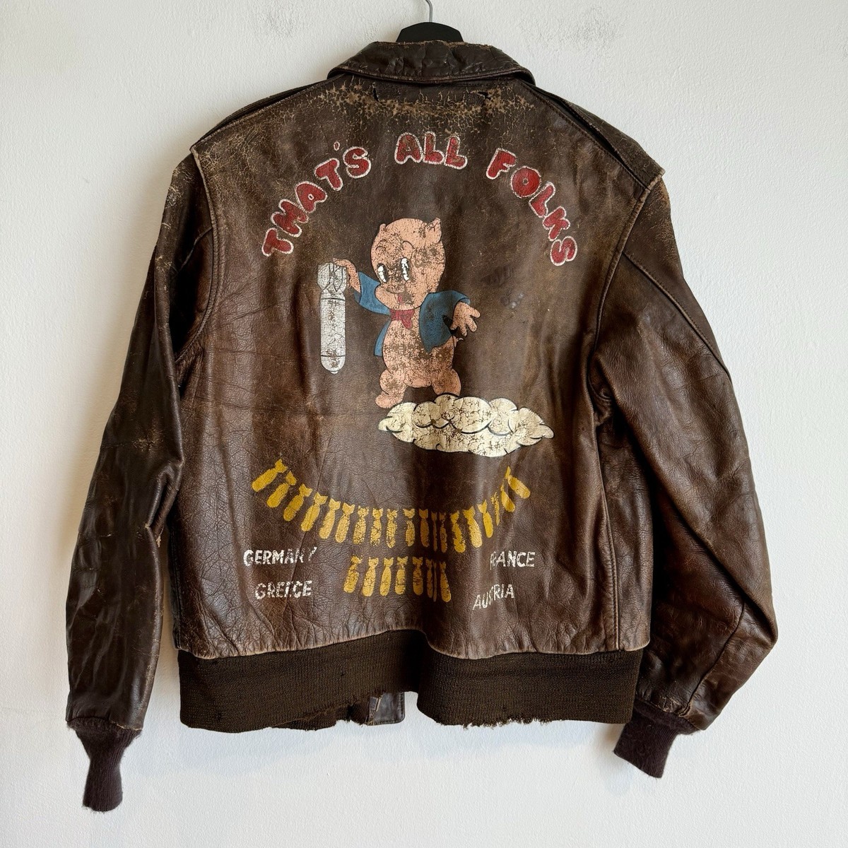 Original WWII Painted Army Air Corps A2 Flight Jacket Porky Pig