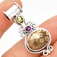 Flower Fossil Coral, Peridot & Amethyst 925 Silver Pendant Jewelry P-1448