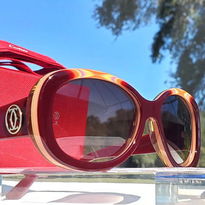**RARE CARTIER T8200939** Gloss Burgundy+Gold /w 2C Decor~ Gradient Grey Lenses!