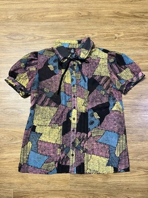 Disney Nightmare Before Christmas Sally Button Up Patchwork Puff Sleeve Blouse