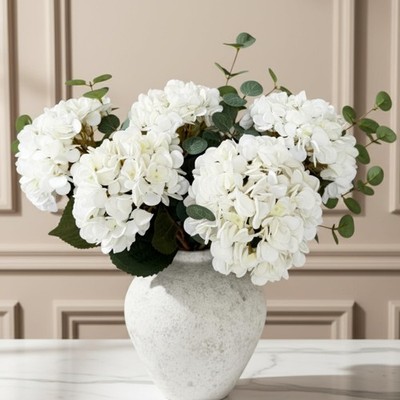 Real Touch White Faux Hydrangea And Eucalyptus Arrangement, Faux Floral Arran...
