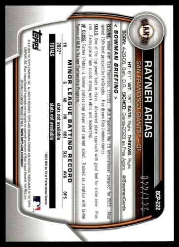 2023 1st Bowman Chrome Aqua Refractor Rayner Arias #BCP-222 /125 SF Giants - Picture 2 of 2