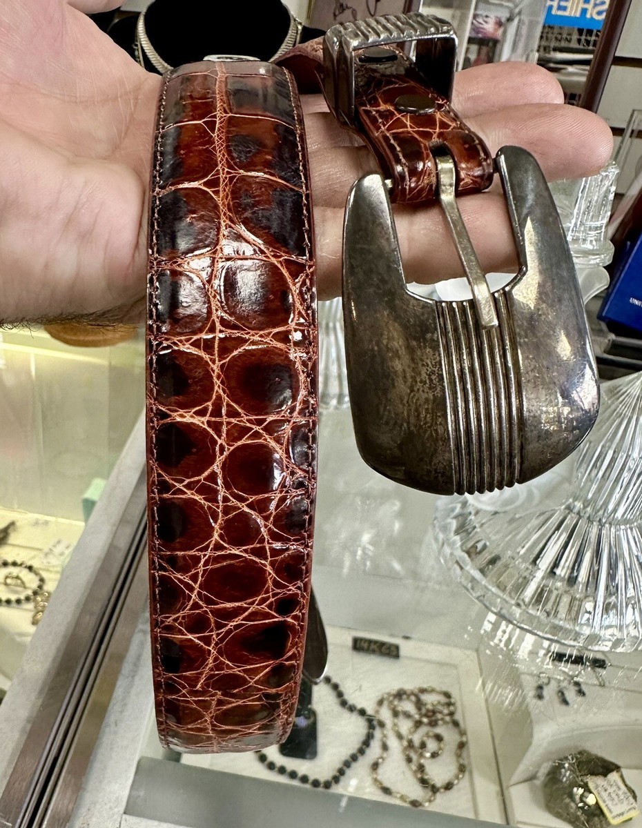 Vintage Packards Crocodile Dress Belt Women 32 Brown Sterling USA Made Western Vintage Crocodile Leather & Sterling Silver Western Belt  main image 2