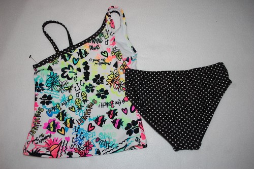 Girls Swimsuit 2 PC TANKINI SET One Shoulder Look BLACK & NEON Music Art XS 4-5 - Picture 2 of 2