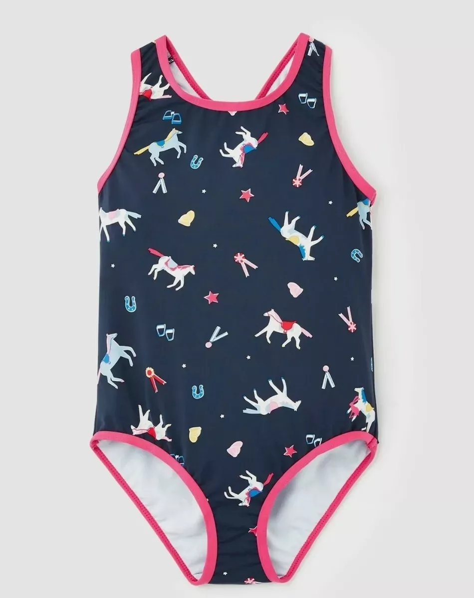 Joules Girls Briony One Piece Swimsuit Navy Horses 1Yr