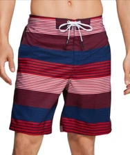 New Speedo Men's Border Line Striped Performance 20" Board Shorts Red/Blue NWT