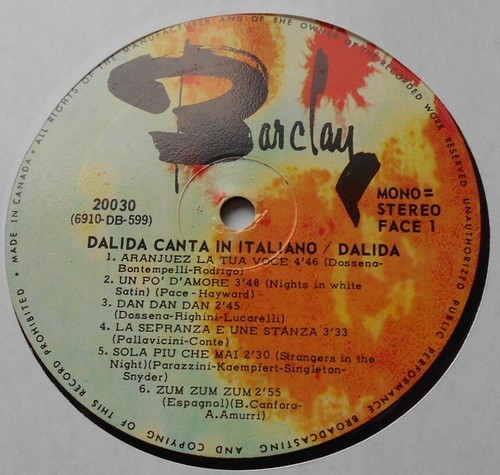 CANADA!!! Ex DALIDA Canta In Italiano ORIG 1969 BARCLAY 20030 LP ITALIAN - Picture 2 of 3