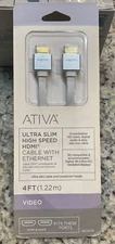 ATIVA ULTRA SLIM HIGH SPEED HDMI CABLE w/ETHERNET 4ft White 529-799 3D/4K NEW