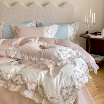 Patchwork Rose Flowers Embroidery Cover Set 1000TC Egyptian Cotton Bedding Set