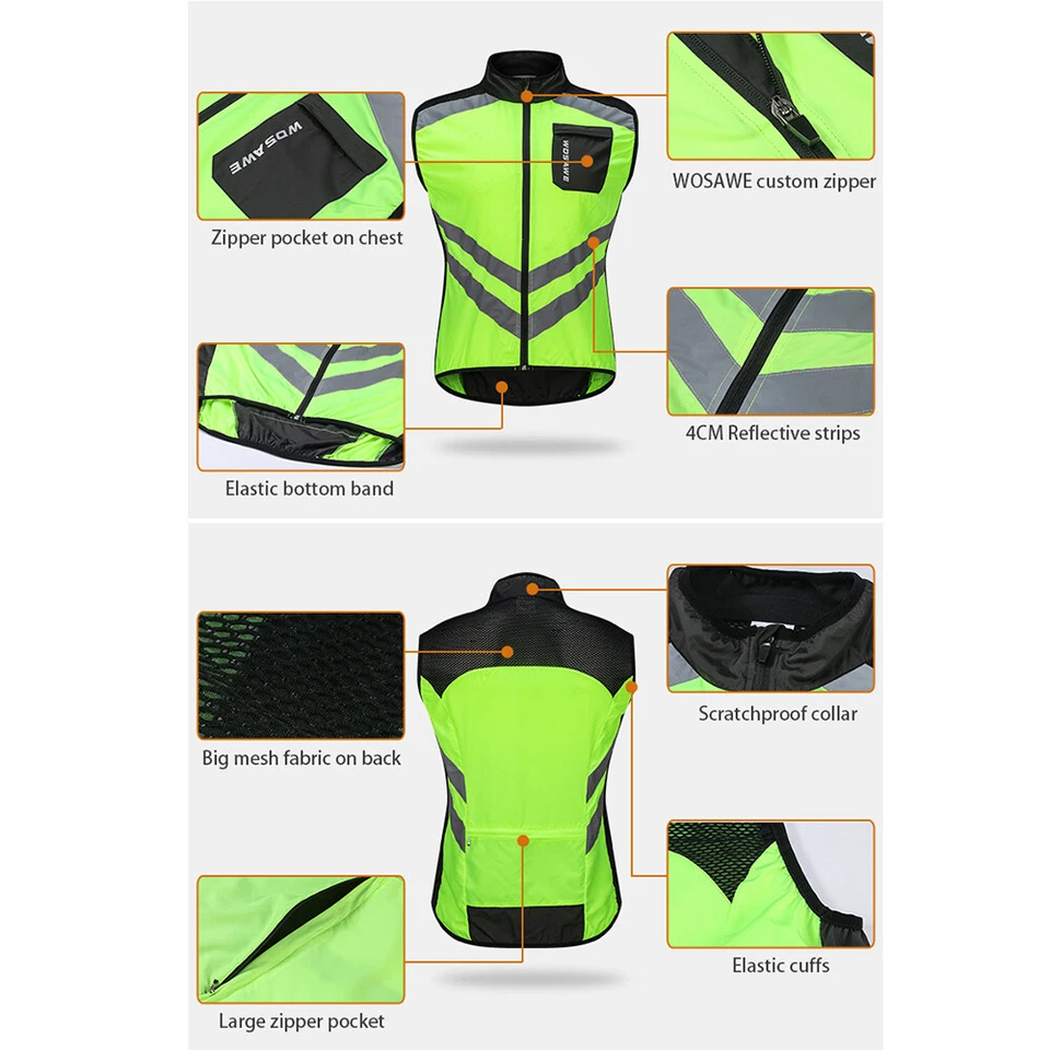WOSAWE Hi-Vis Reflective Motorcycle Vest Motor Waistcoat Jacket MTB Cycling Tops - Image 3 of 4