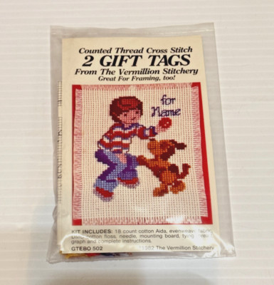 NEW Vermillion Stitchery 2 Gift Tags Cross Stitch Kit Boy with Dog GTEBO502