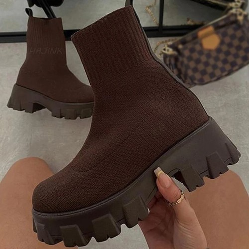 Sock Ankle Boots Ladies Winter Mid Calf New Comfy Casual Chunky Heel Shoes Size - Picture 5 of 7