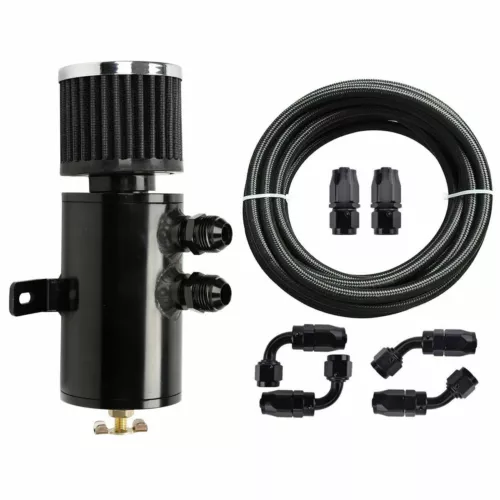10AN Oil Catch Can Reservoir Tank 2 Port Dual Breather Filter Baffled+ 10FT Hose - Picture 1 of 20