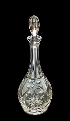 Vintage Crystal Cut Clear Glass Etched Floral 11.5  Decanter w/Topper Excellent