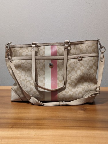 Coach Pink BABY DIAPER BAG SIGNATURE STRIPE DOUBLE ZIP TOTE F22364 - Picture 2 of 19