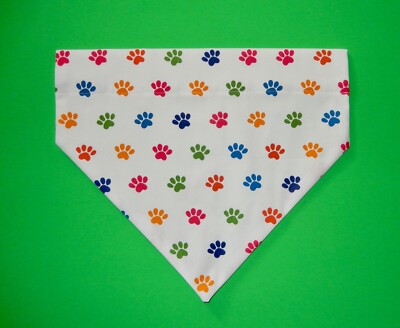 BRIGHT COLORFUL PAWS ON WHITE DOG SCARF/BANDANA--S, M, L