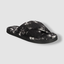 Jenni Women's Black Faux-Sherpa Cross-Strap Slide Slippers Shoes Size 7-8