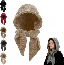 Embellished Knit Bonnet, 2-in-1 Winter Knitted Hooded Hat Scarf for Women
