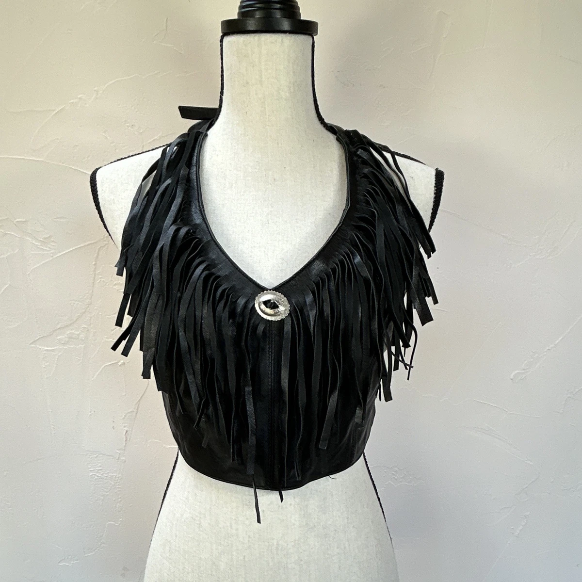 Leather Gallery Black Leather Fringe V-Neck Halter Tie Top Biker Women’s Size M