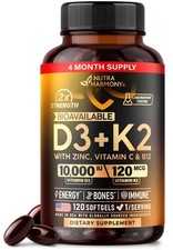 Vitamin D3 K2 - 10000 iu 120 mcg - 120 Count Pack of 1