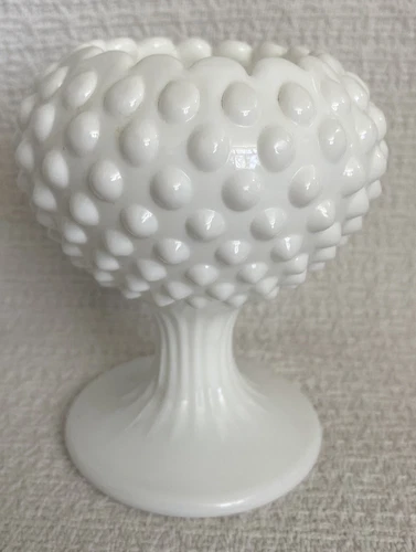 Vintage Fenton Milk Glass Footed Hobnail Ivy Ball Vase with Scallop Top