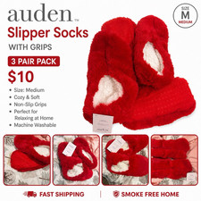 Auden Women's Faux Fur Non-Slip Slipper Socks 3 Pair Pack Red/White Medium