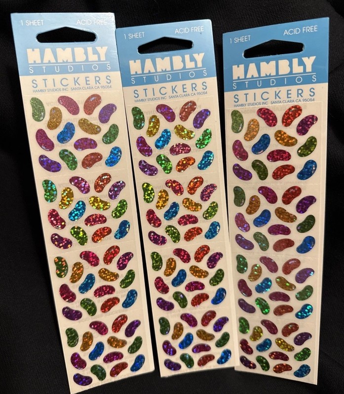 Rate Sealed vintage Hambly stickers prismatic, holographic jelly bean design.