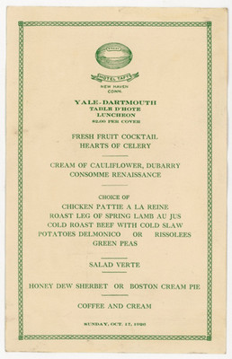 1926 Hotel Taft New Haven, CT Menu Yale Dartmouth Football Game #KP