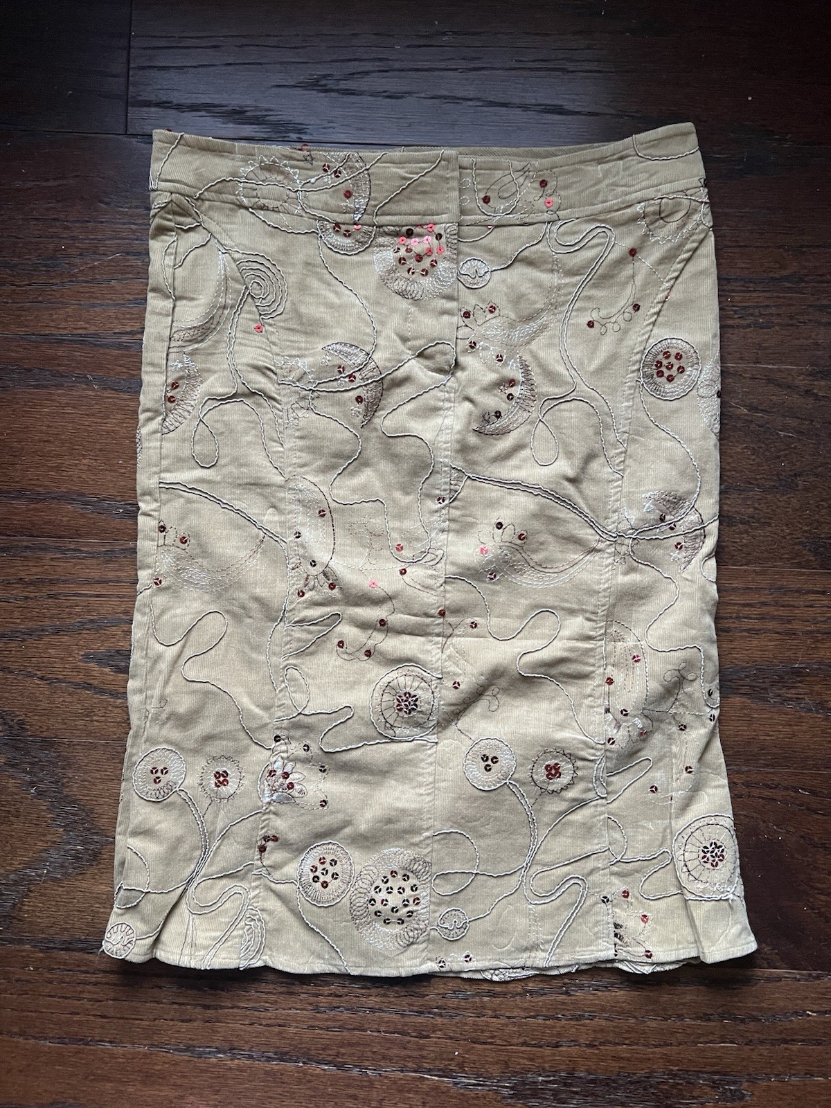 Vintage Y2K Cotton Corduroy Brown/Beige Embroidered Sequin Midi Skirt Size S/XS