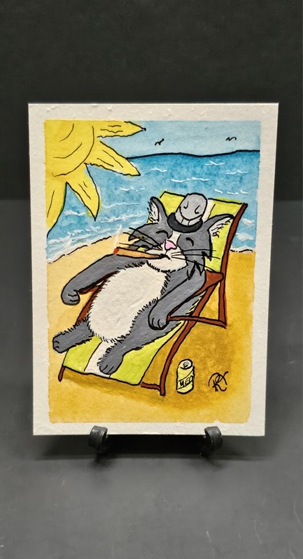 ACEO Original Art 2.5X3.5 Trading Card Actually Cats Tuxedo Cat At Beach W/cigar