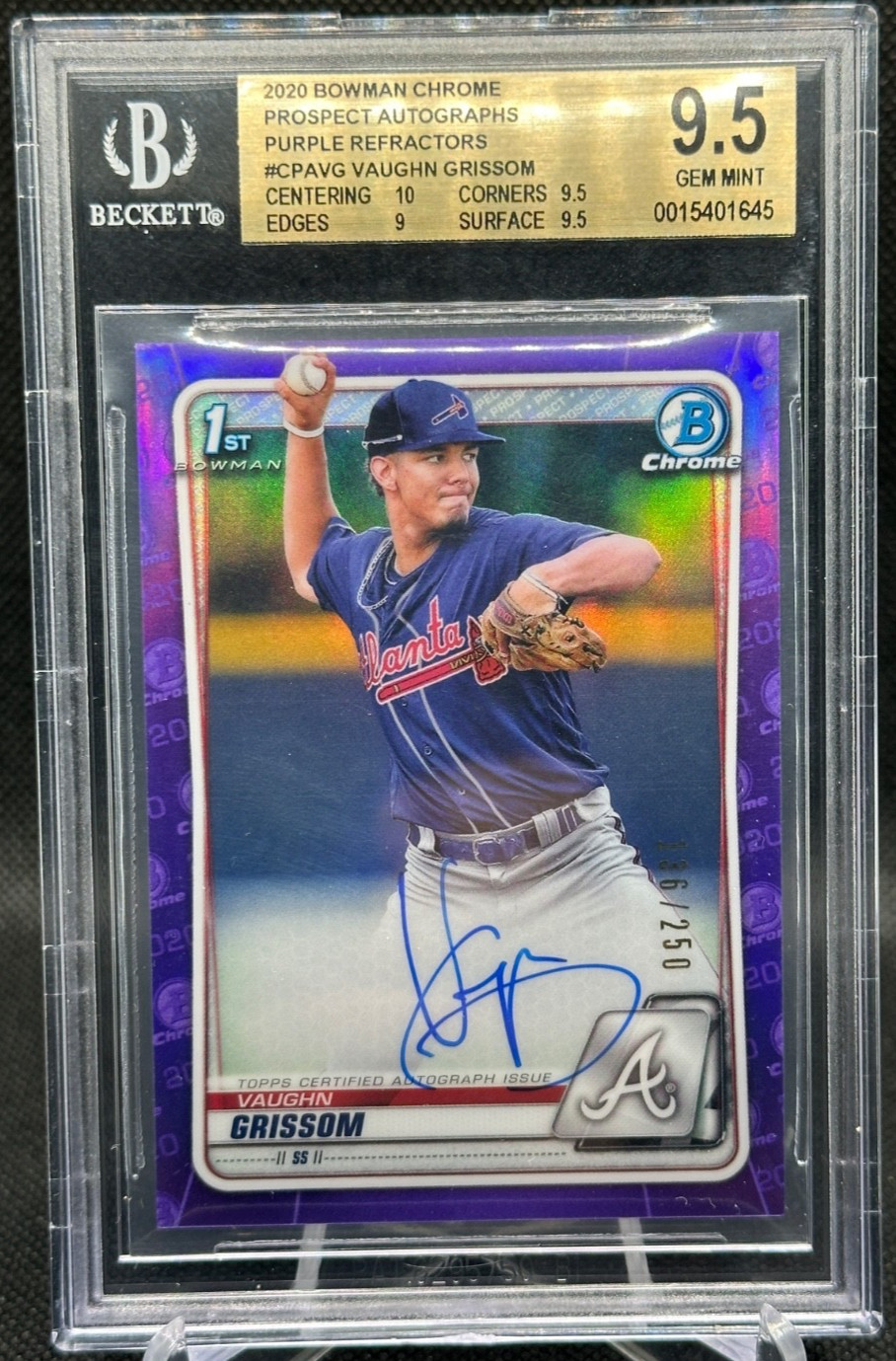 🔥2020 Bowman Chrome PURPLE REFRACTOR AUTO RC Vaughn Grissom 136/250 BGS 9.5!