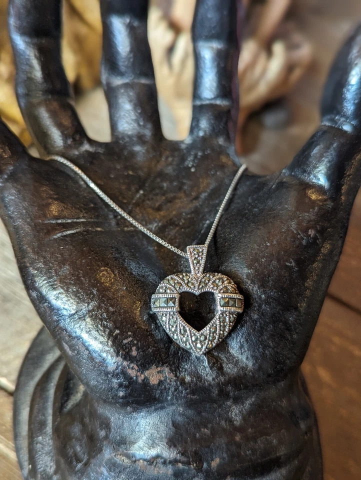 Collar de Plata de Ley Marcasita Hecho en Italia 18" Belleza en Forma de Corazón Foto 2 de 4