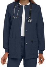 Landau Women's Two Pocket Snap Front Scrub Jacket Warm Up long sleeve Navy Sz. M