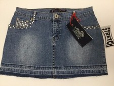NWT VANILLA STAR LIGHT WASH DISTRESSED DENIM MINI SKIRT SIZE 5 SILVER BEADED