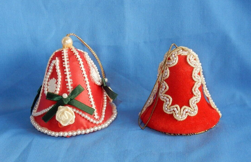 Vintage Red Bells With Pearls Christmas Ornaments Gift World Gorham & Handmade
