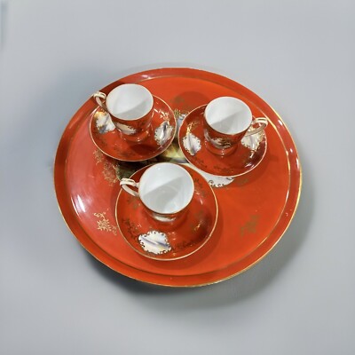 Rare Antique Noritake M Hand Painted  House Near A River  Orange & Gold Tea Set