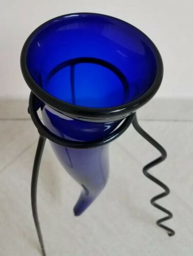 Hysteria France French Art Glass Studio cased Cobalt Blue Large Horn with Stand - Picture 3 of 10