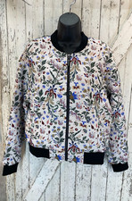 Eva Longoria Jacquard Bomber Jacket White Black Trim All Over Multi Floral Sz M