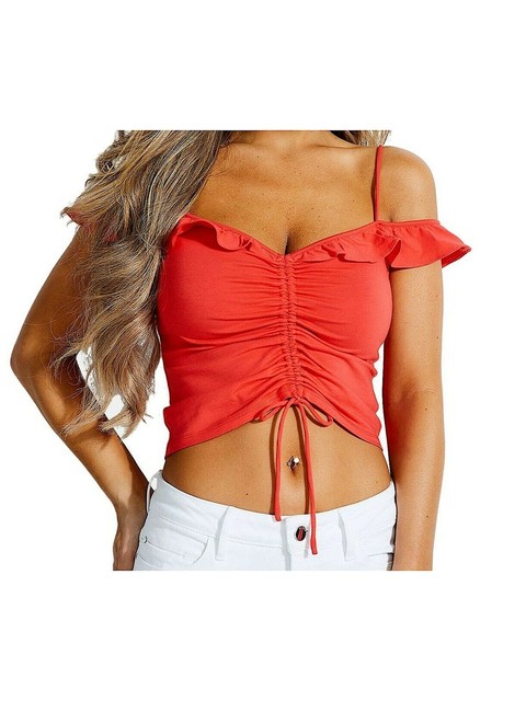 red ruched crop top