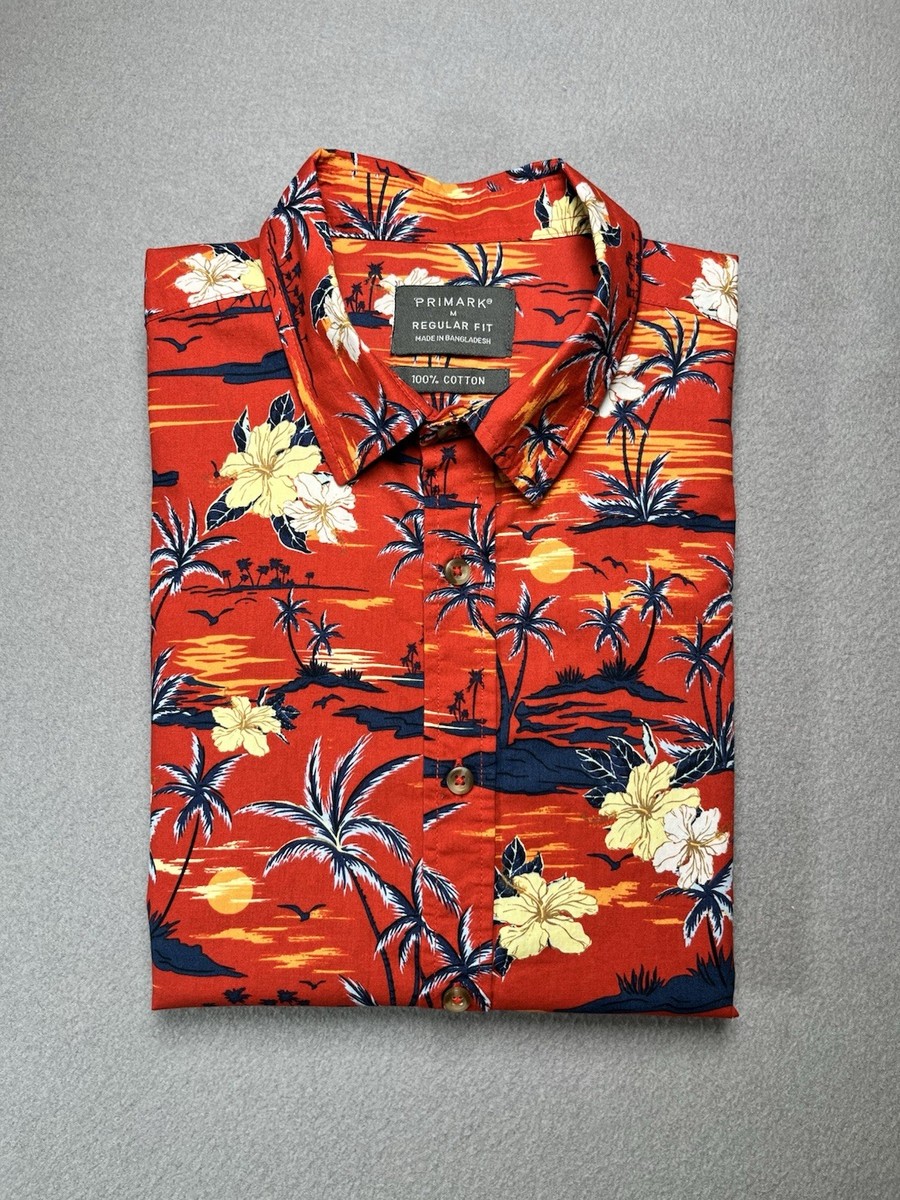 Primark Hawaiian Holiday Shirt Red Navy Palm Orange Beach Men's M