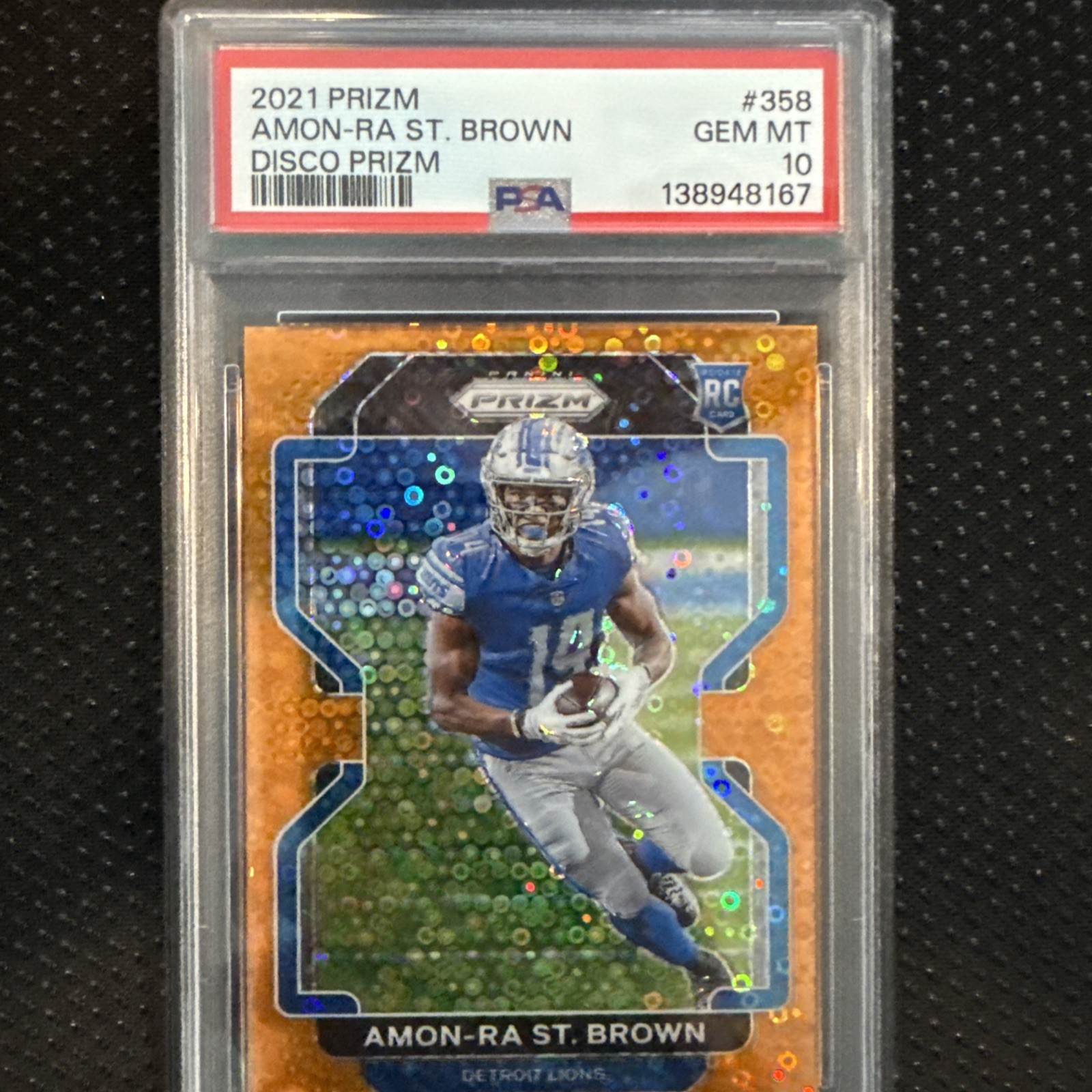 2021 Panini Prizm - Rookie Amon-Ra St. Brown #358 Orange Disco Prizm (RC) PSA 10