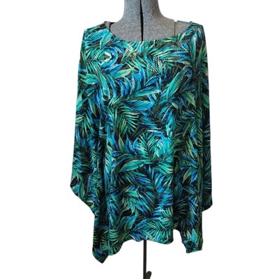 Quicker Factory Size 3X Caftan Palm Leaves Embellished Rhinestones Kimono Tunic