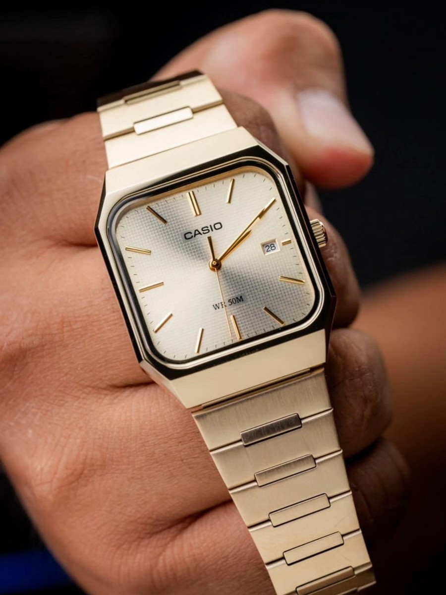 Casio Men's Analog Square Dial Gold Ion Plated S.Steel Band Watch
