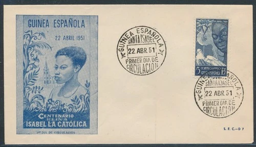LS70349 Spain 1951 Guinea centenary queen Isabella FDC used