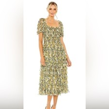 Mac Duggal NEW Green Yellow Floral Ruffle Square Neck Midi Dress NWT Size 14
