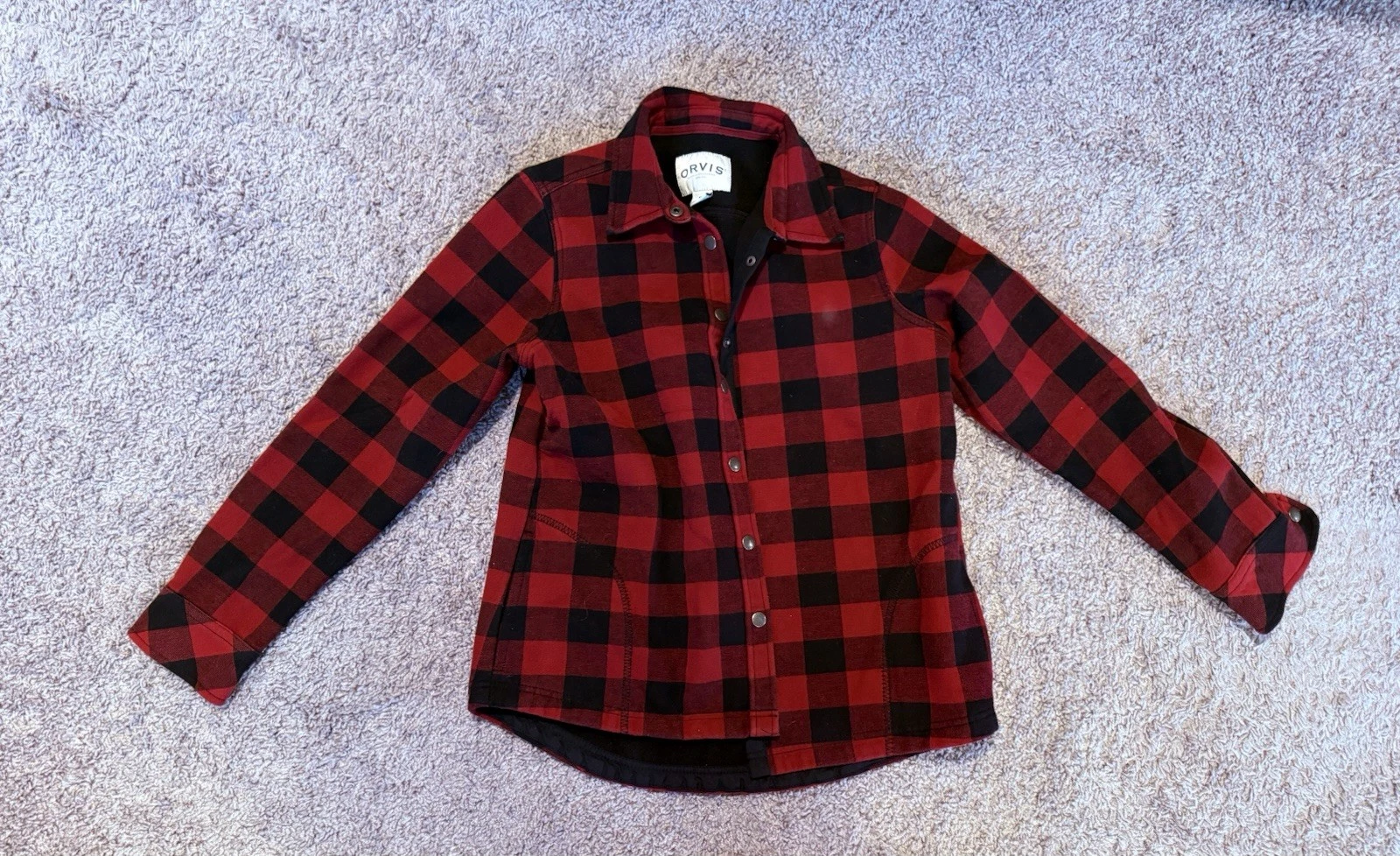 Orvis Men's Long Sleeve Button-Up Shirt Medium Red Plaid Flannel Fleece Lining